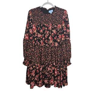 CeCe Floral Smocked Babydoll Dress L Black Cottagecore Prairie Boho Long Sleeve